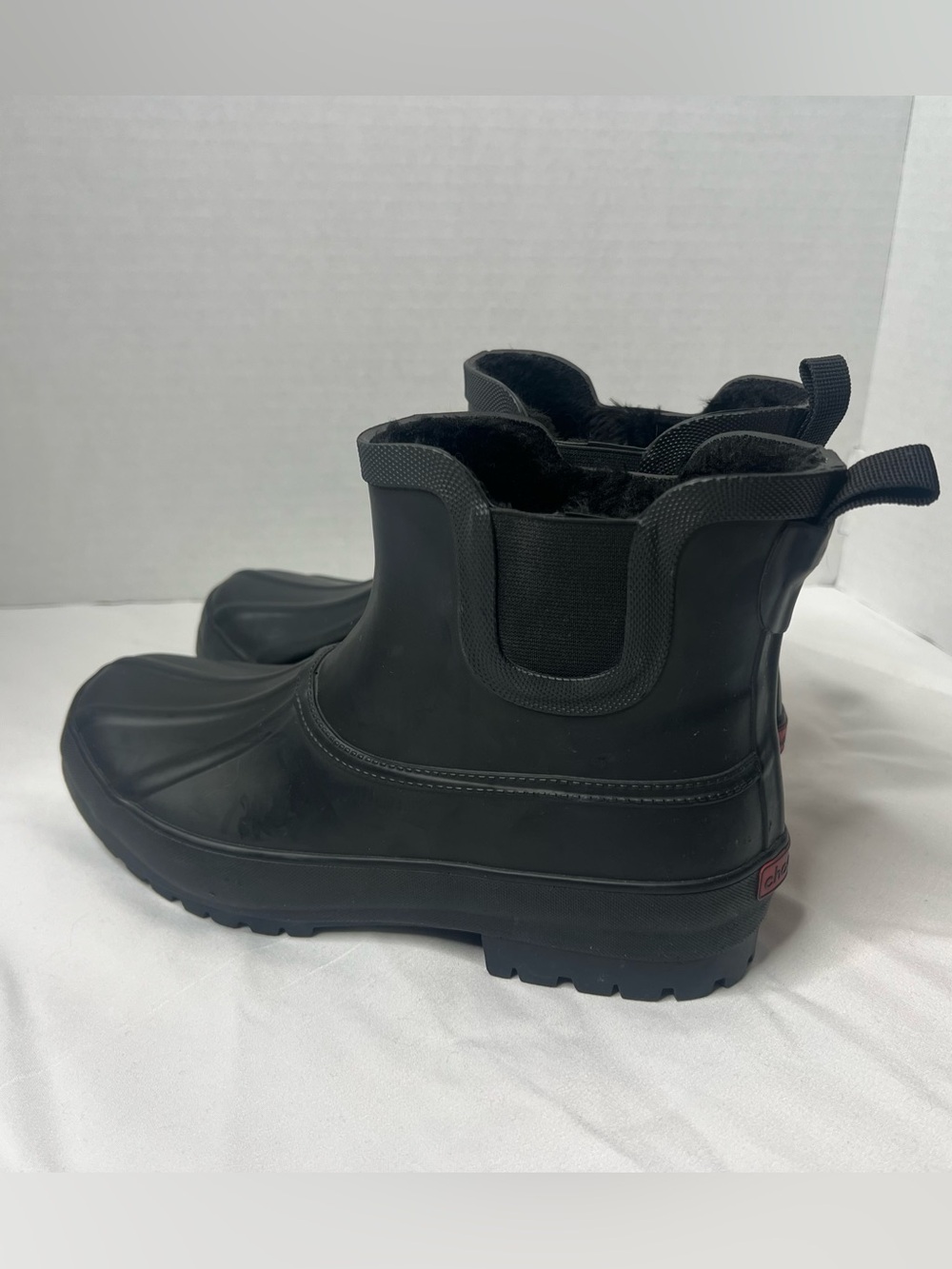 Chooka Womens Chelsea Black Pull-On Faux Fur Lined Ankle Rain Boots US Size 7